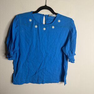 The Tiny‎ Big Sister Women's Size 40 Blue Embroidered Star Top Blouse